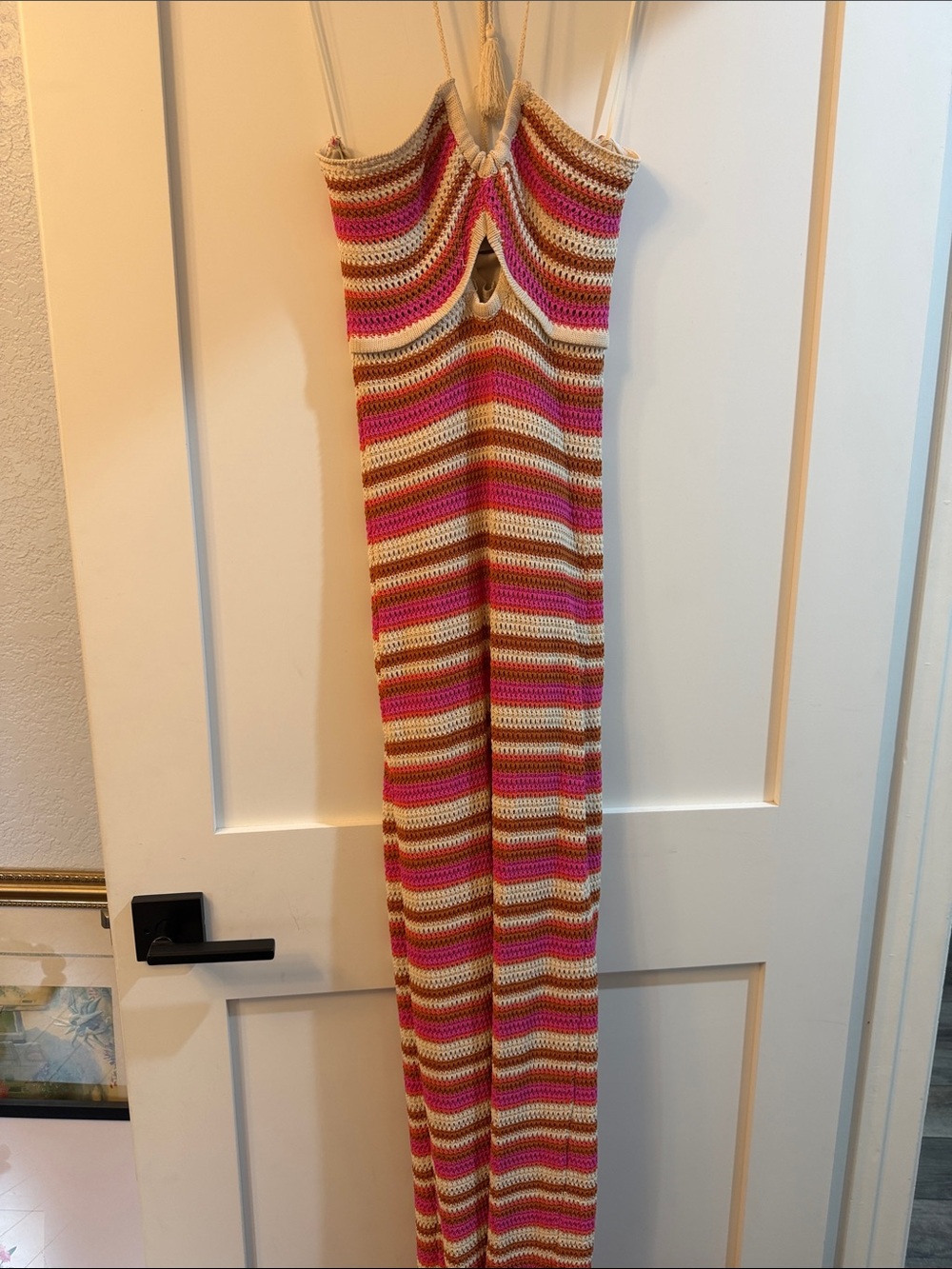 Dress Forum Striped Crochet Maxi Dress in Pink, Cream & Brown
